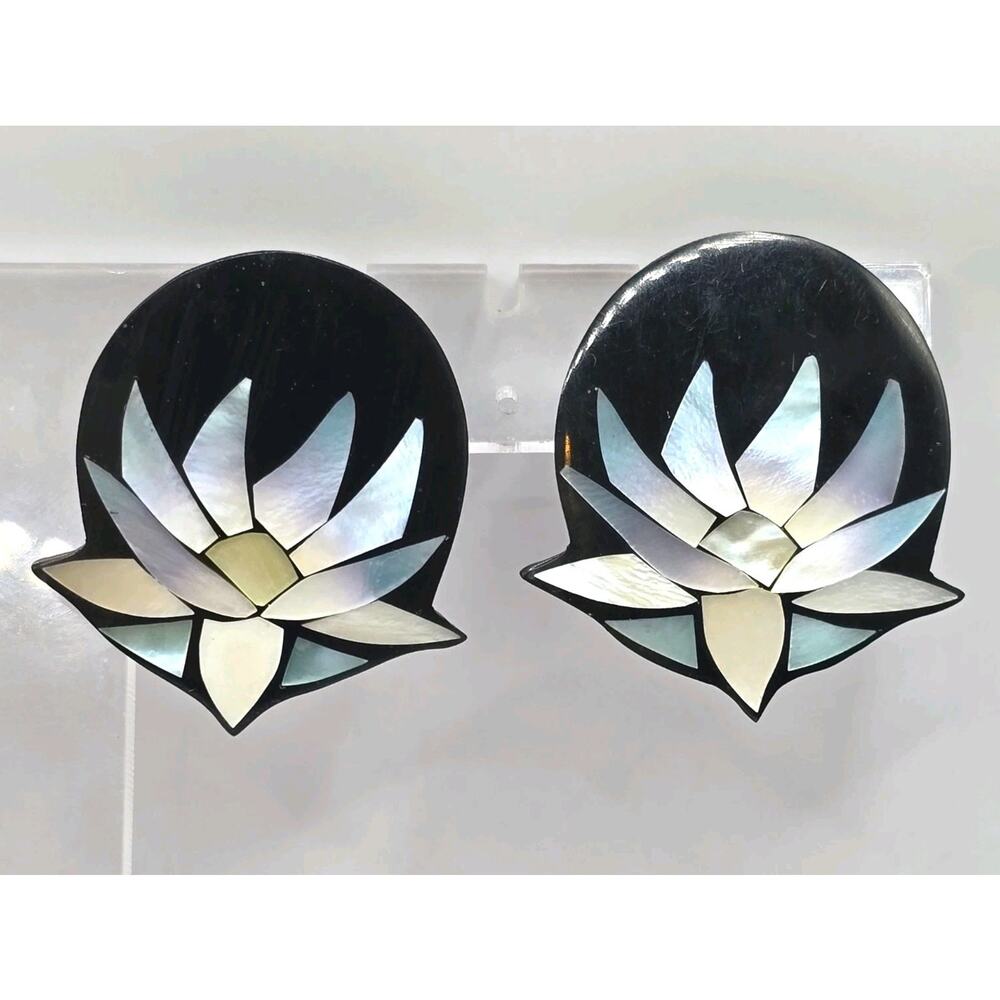 Earrings Vintage Lotus Flower Mother Of Pearl Inlay Black Enamel Statement S3382